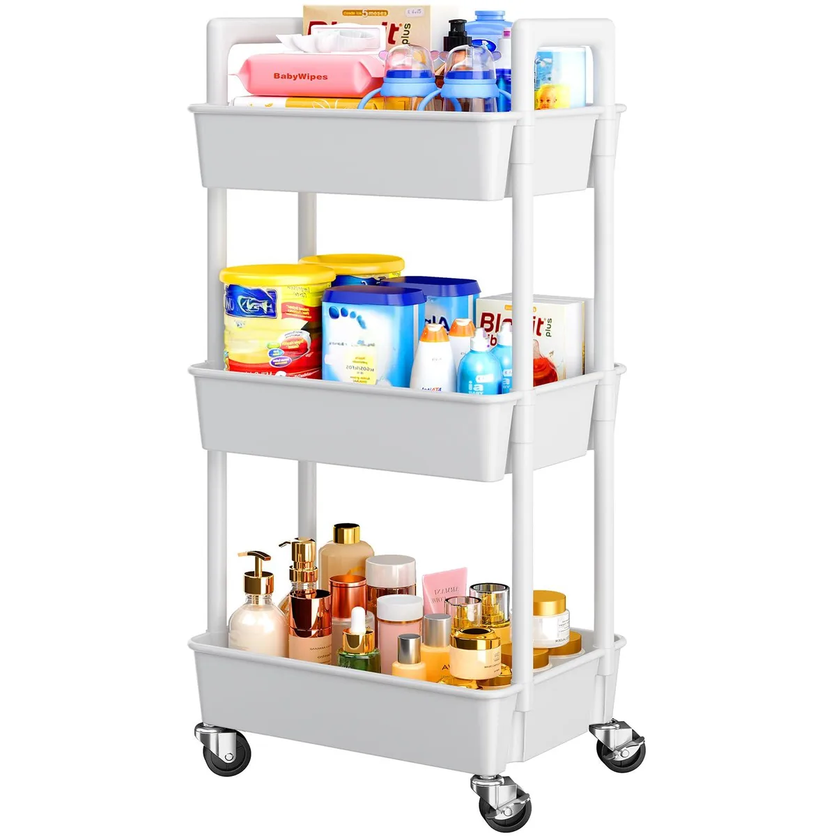 Three-tier silver plastic utility cart with ventilated baskets, reinforced handle, four caster wheels two locking