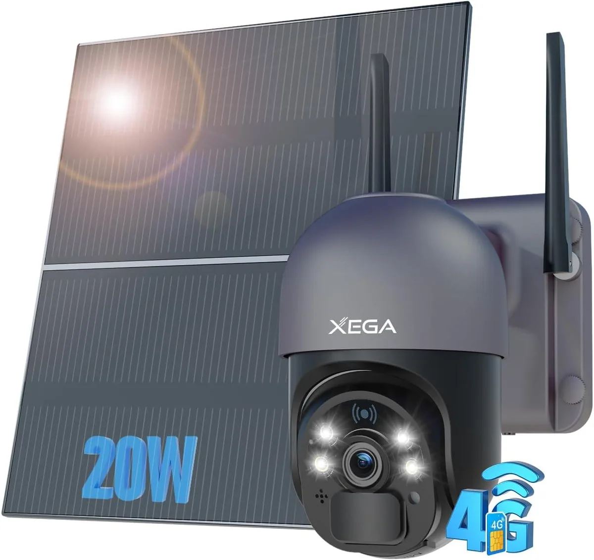 White rectangular security camera with integrated solar panel mounted above, cylindrical lens housing, outdoor IP66 rated