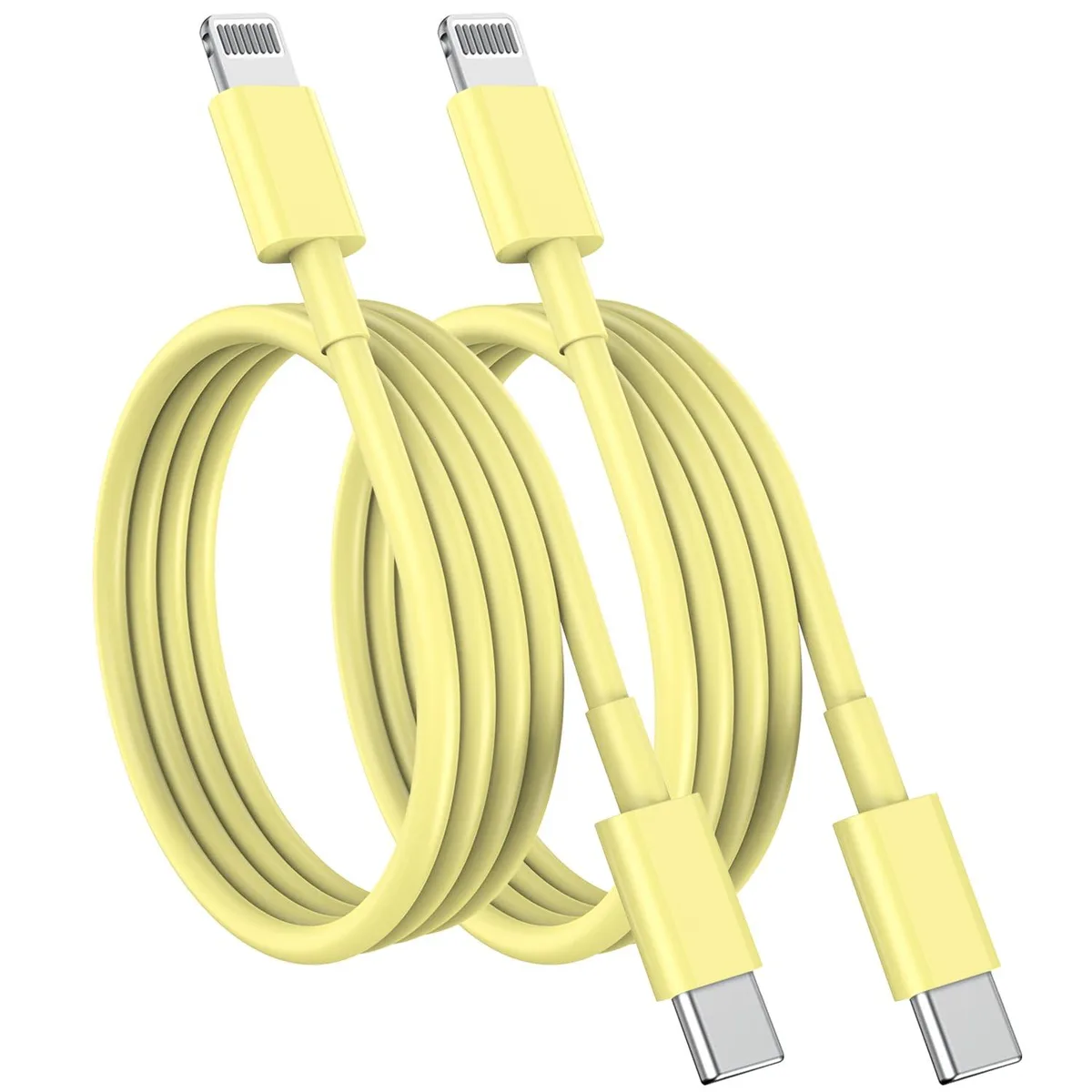 Two yellow USB-C to Lightning cables coiled side by side
