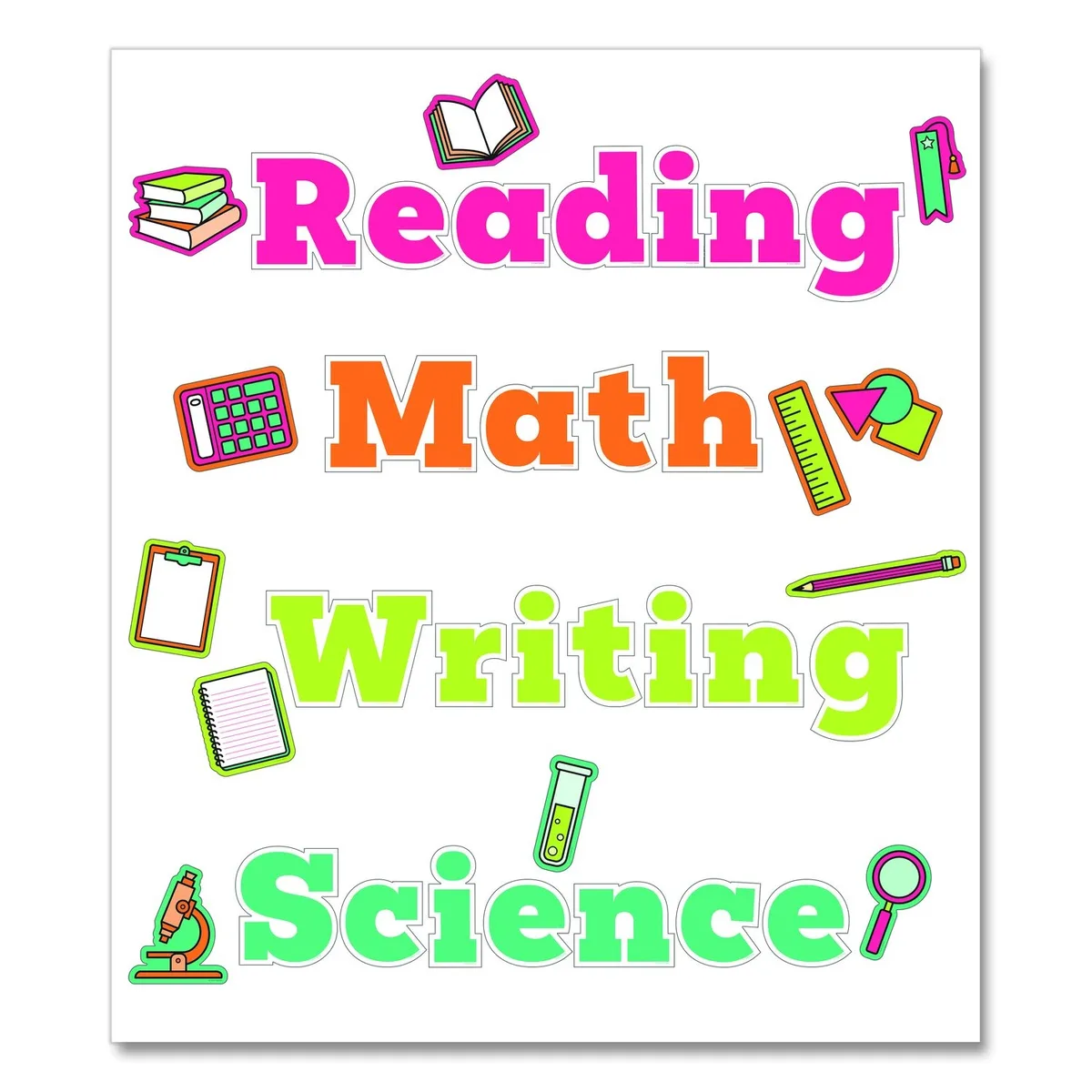 A set of 37 multicolored classroom wall signs for core subjects, assorted sizes