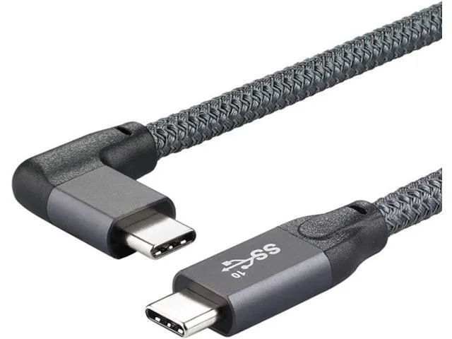 Manw USB-C cable with 90 degree right-angled connectors, nylon sleeve and silver plugs
