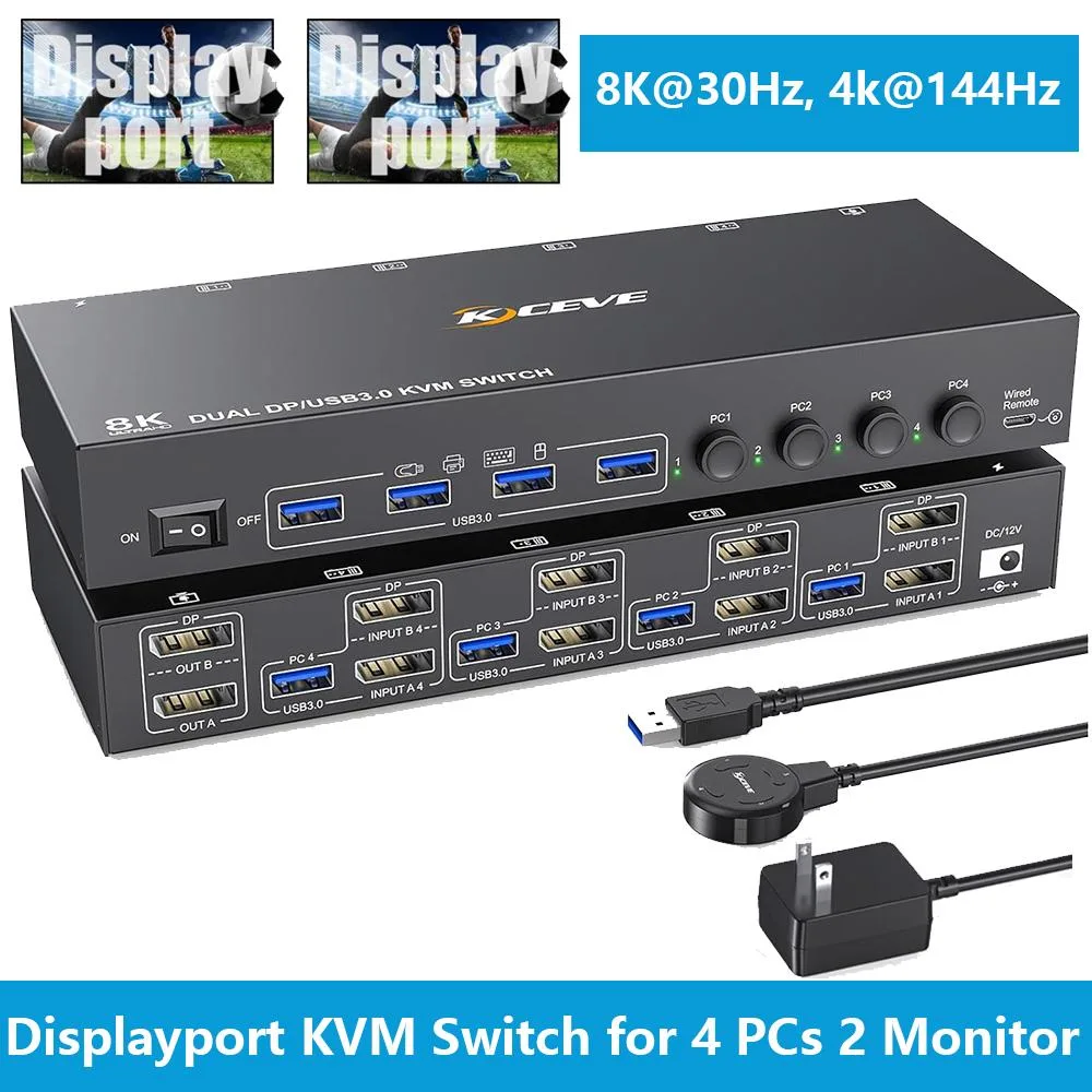 Hitoor Hitoor 4-Port 2-Monitor DP KVM Switch 8K@30Hz 4K@144Hz — product photo