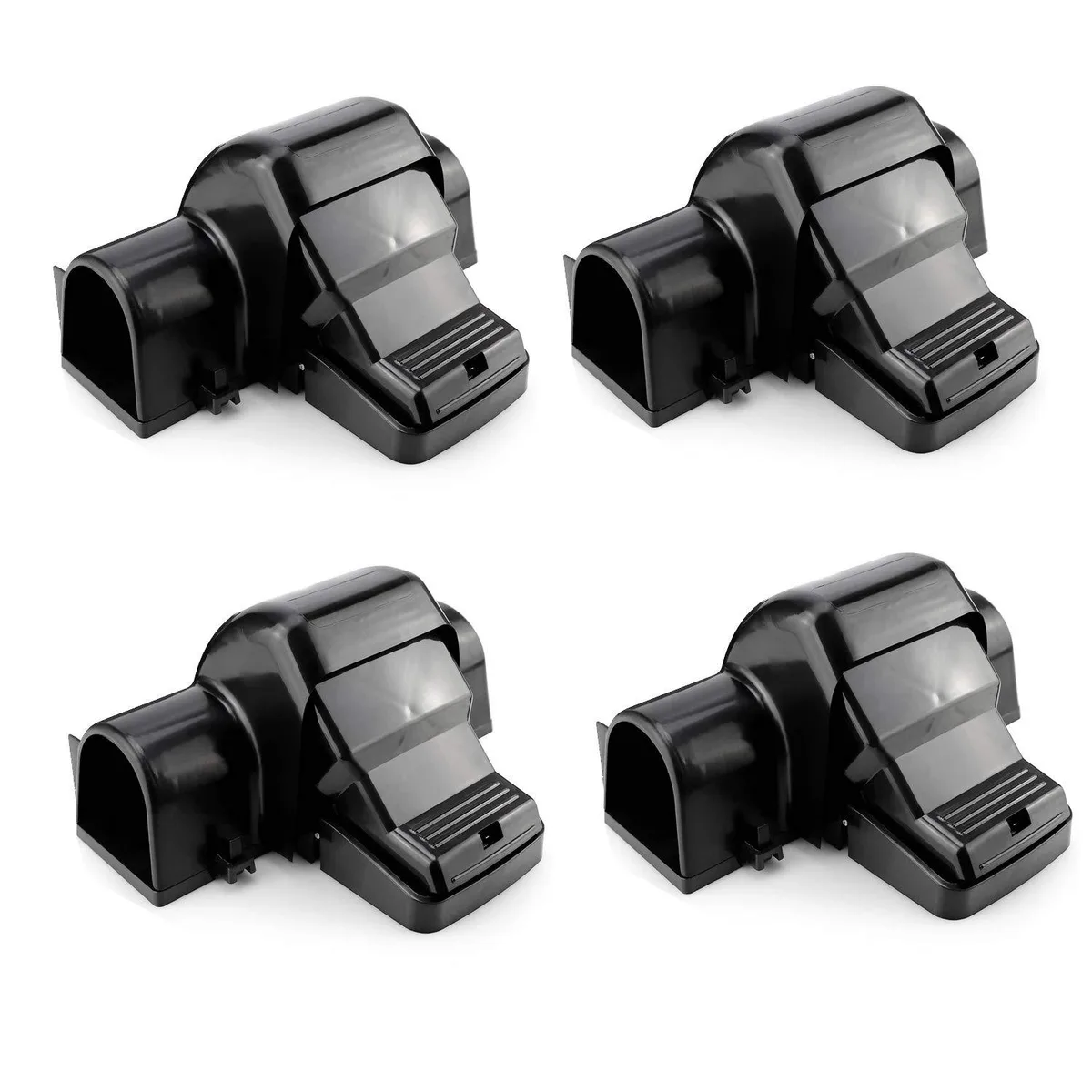 Four black rectangular tunnel traps with dual entry openings