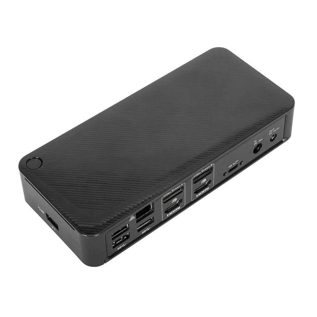 Compact black rectangular dock with front USB-C and USB-A ports, rear HDMI, DisplayPort, Ethernet and audio jacks