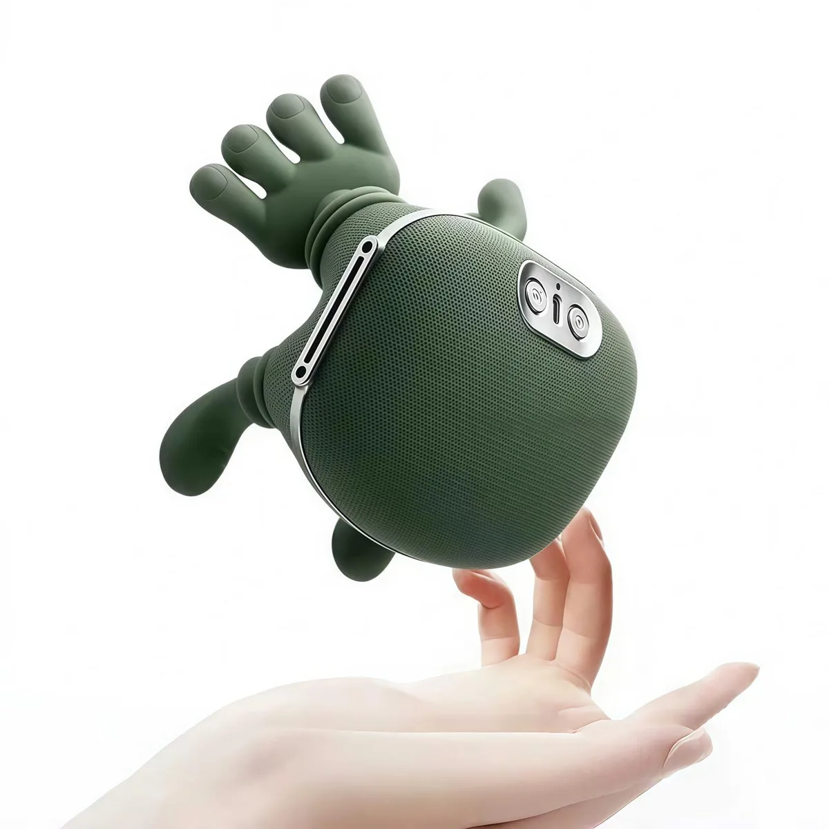 Green cordless neck massager with adjustable straps, lightweight curved shape