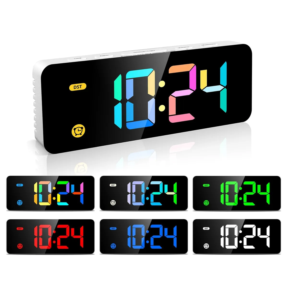 Small rectangular digital alarm clock in multicolor finish, USB powered with battery backup