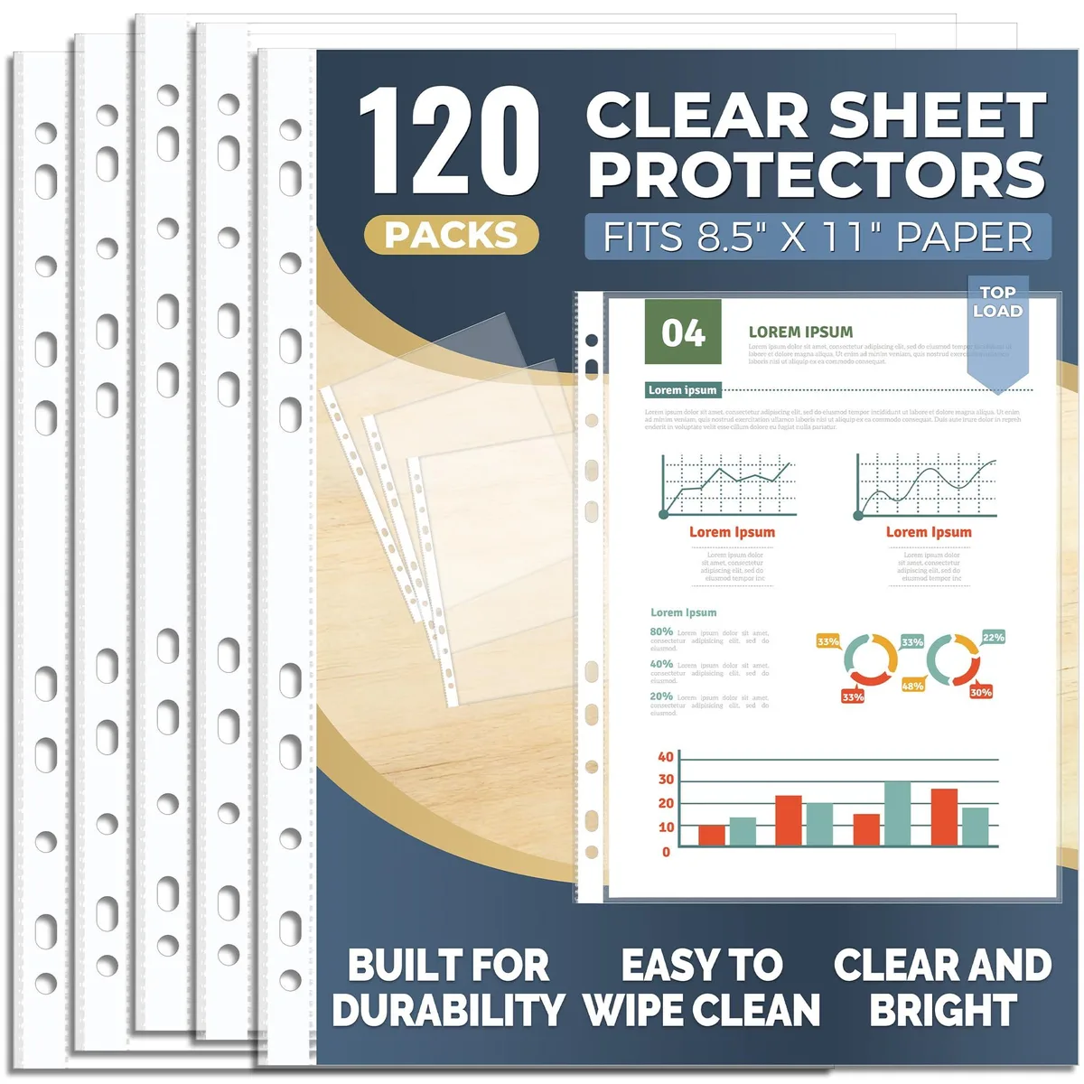 Stack of 120 clear polypropylene sheet protectors, letter size 8.5 by 11 inches, embossed finish, top-loading design