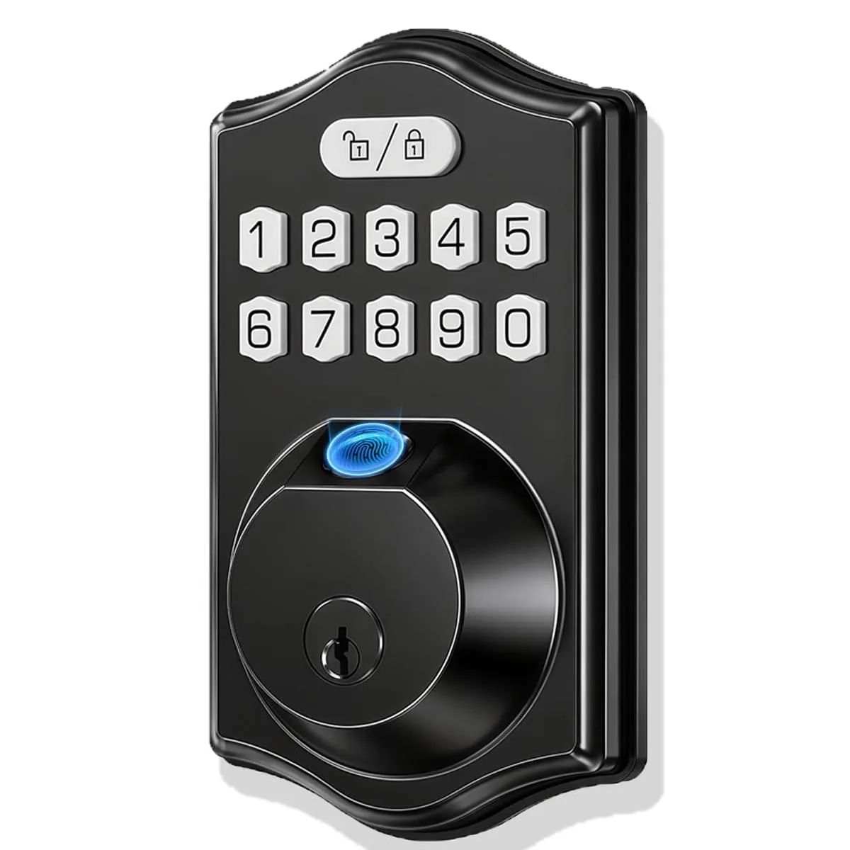 Black metal fingerprint deadbolt with keypad, 7 x 3 x 7 in