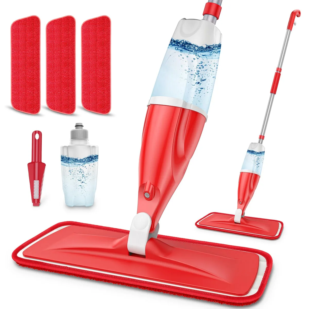 White EXEGO spray mop with 440 ml refillable bottle and three washable microfiber pads, 360° swivel head, lightweight pole