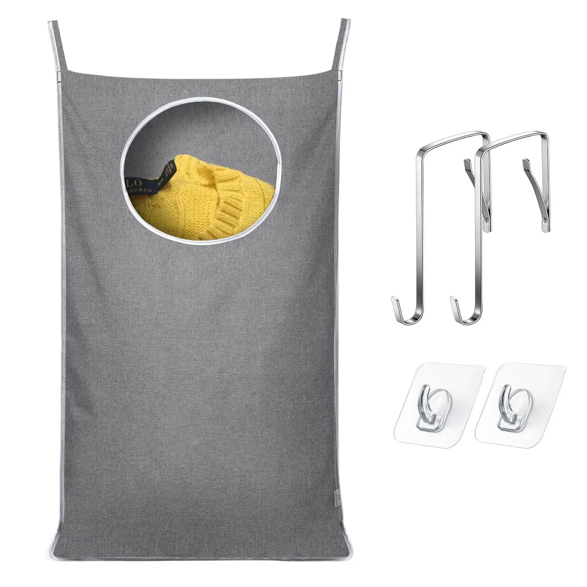 Grey fabric hanging laundry hamper with metal hooks, 20 by 30 inches