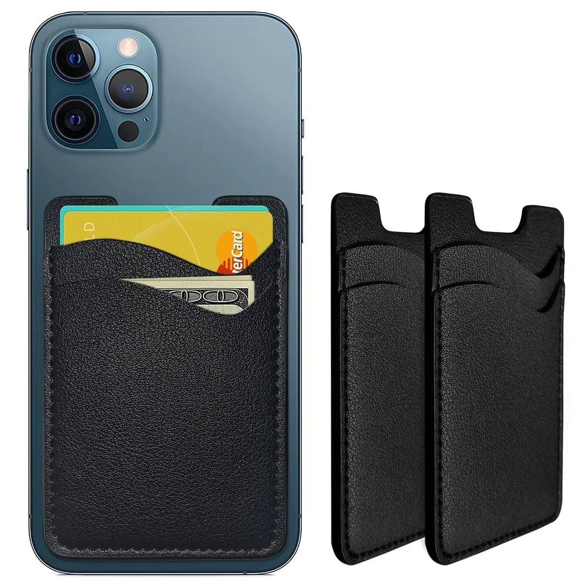 Two black PU leather stick-on card holders with double pockets and 3M adhesive backing