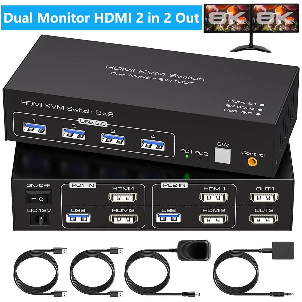 Hitoor Hitoor 8K@60Hz 4K@120Hz HDMI 2.1 Dual Monitor KVM Switch 2 Computers 4 USB 3.0 — product photo