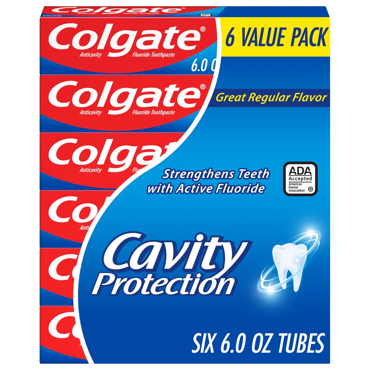 White rectangular box holding six 6 oz toothpaste tubes
