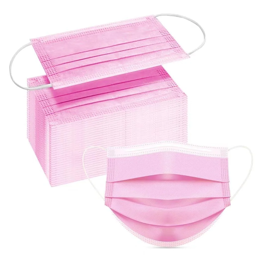 A stack of 100 pink disposable earloop face masks in a rectangular box