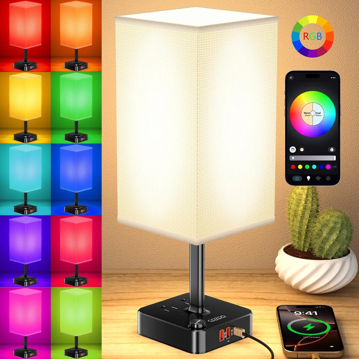 Square fabric-shade table lamp with polished base, 12 cm sides, 34.7 cm tall