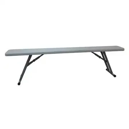 Gray rectangular bench with folding steel legs and blow-molded polyethylene top