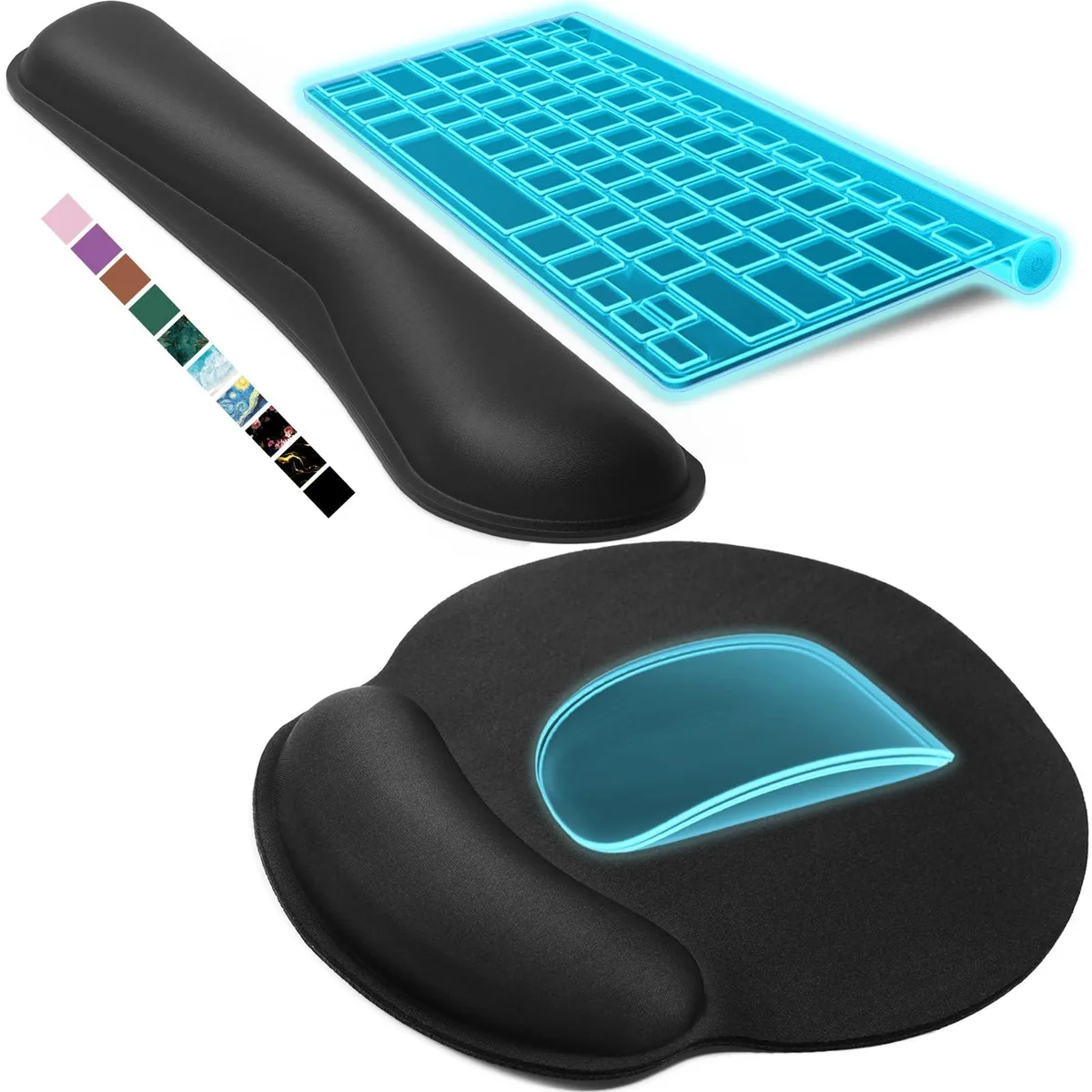 Black memory foam keyboard wrist rest and mouse pad with wrist support, lycra cloth surface, rubber base