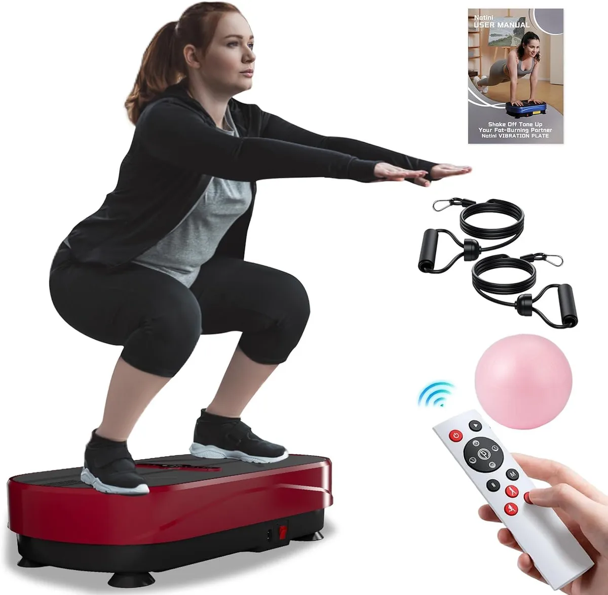 Rectangular vibration platform with textured surface, resistance bands and remote control visible