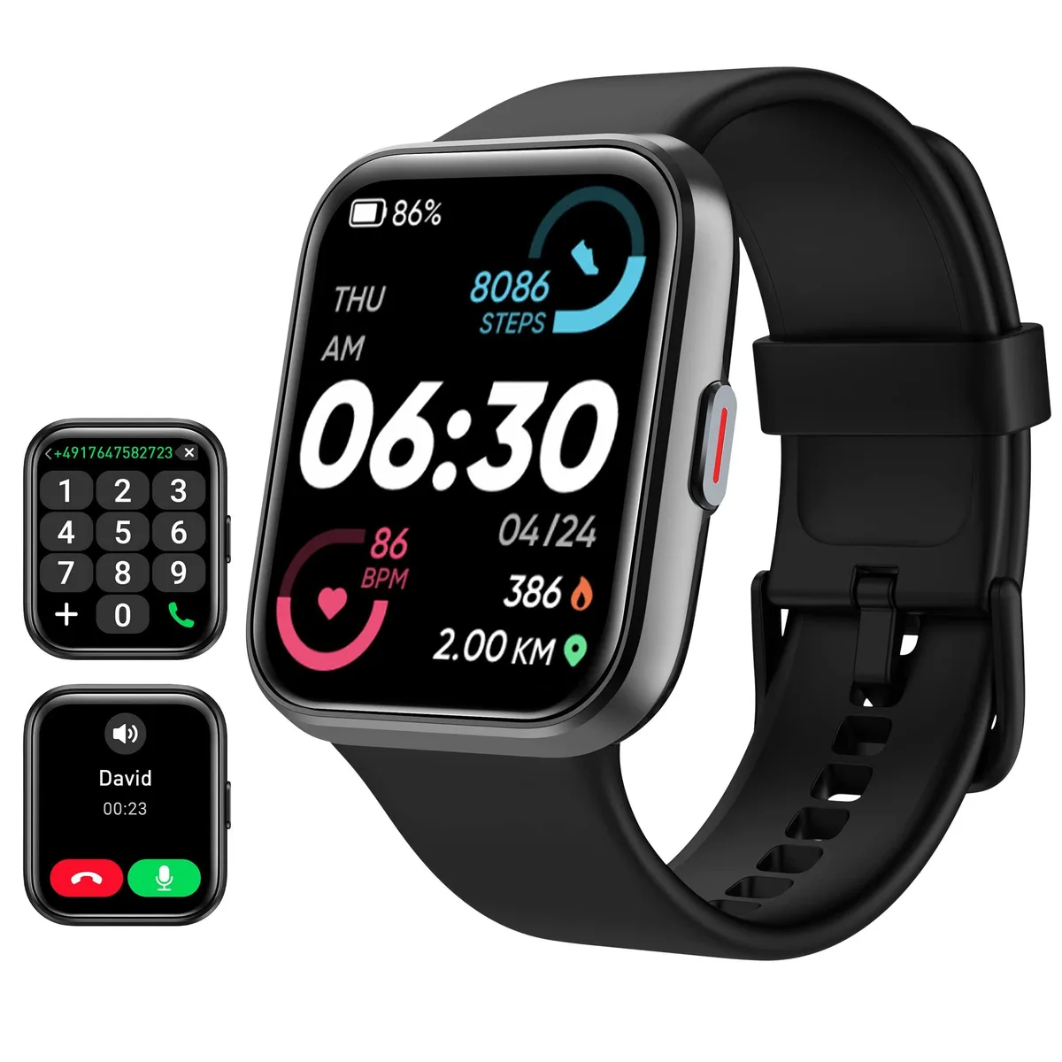 Black smartwatch with 1.85 inch LCD touchscreen and black band