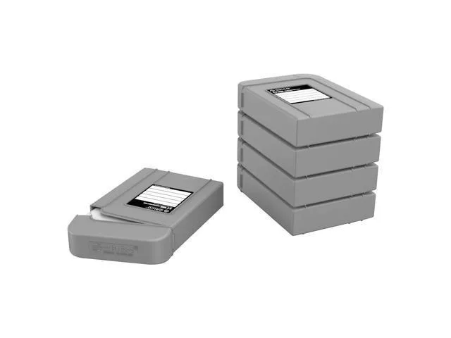 Five grey rectangular hard-drive cases with snap locks and front label areas