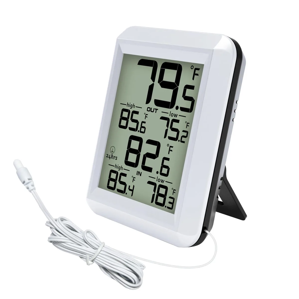 White rectangular digital thermometer with LCD screen and 6.5ft wired probe