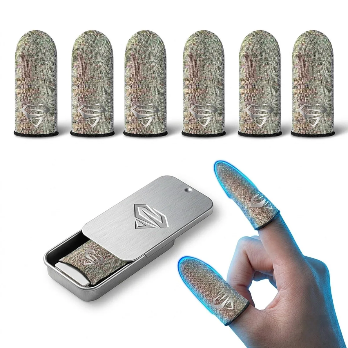Six thin silver finger sleeves in brown packaging