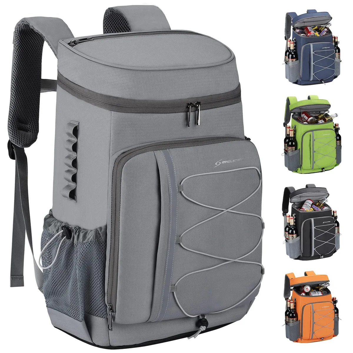 Grey soft-sided backpack cooler with padded straps and multiple external pockets