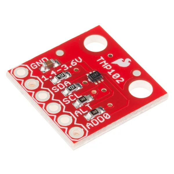 Small rectangular green PCB with surface-mount sensor chip and pin headers