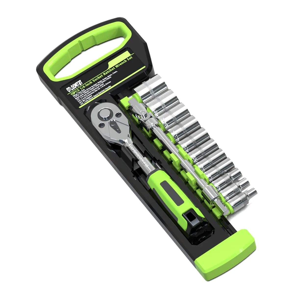 Chrome vanadium 15-piece socket set in organiser, ratchet, extensions and drill adapter visible