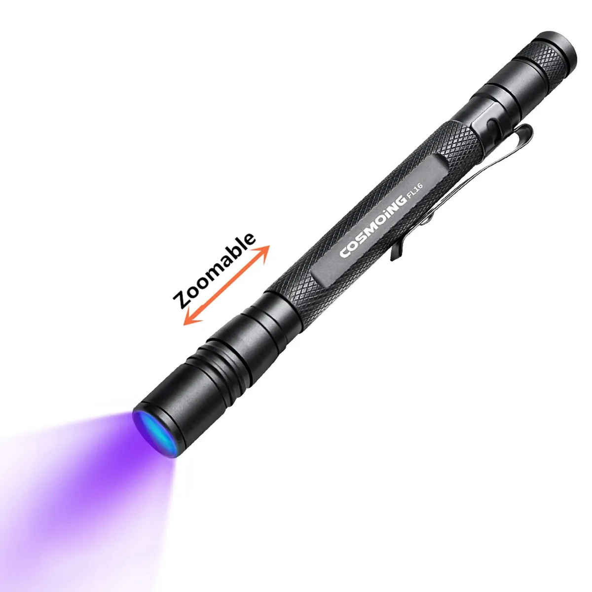 Ash-coloured aluminium penlight, zoomable head, 5.4 inches long, 0.59 inches thick