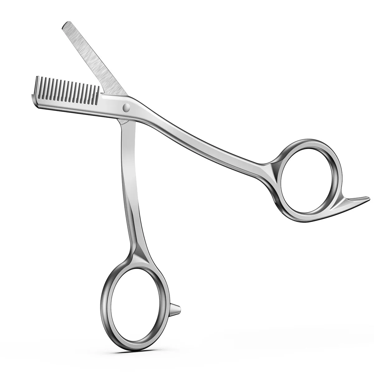 Blue stainless steel eyebrow trimmer scissors with integrated comb, 14.5 cm long