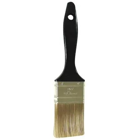 A 2-inch flat sash paint brush with tan polyester bristles and a transparent plastic handle
