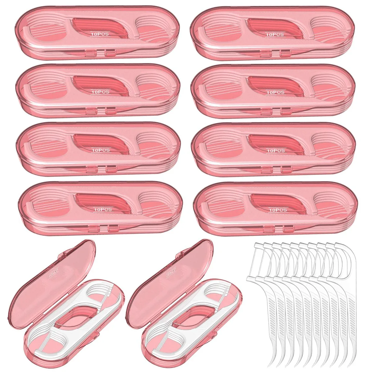 Ten pink floss pick dispensers with one-second open lids