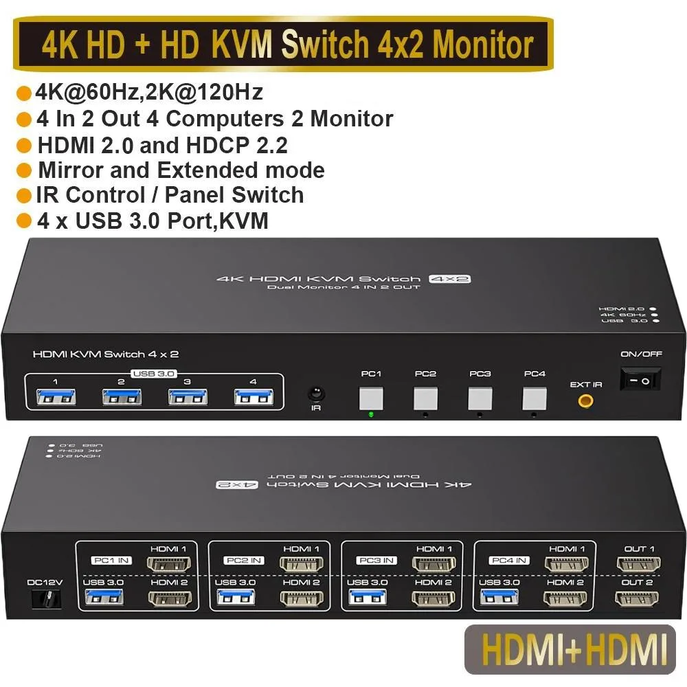 LUOM LUOM SW242-2HD 4K 60Hz 2K 120Hz KVM Switch 4 Computer 2 Monitor — product photo