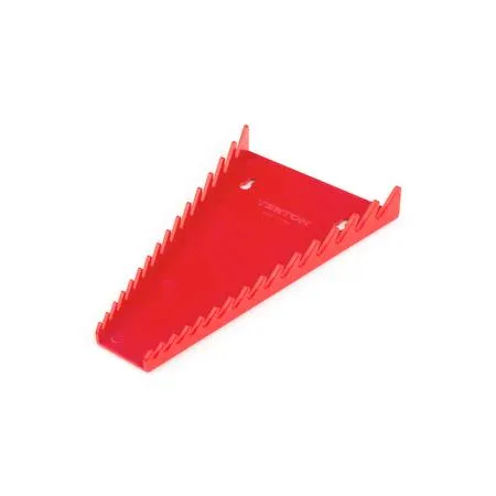 Red low-profile wrench organizer rack with fifteen slots for combination wrenches