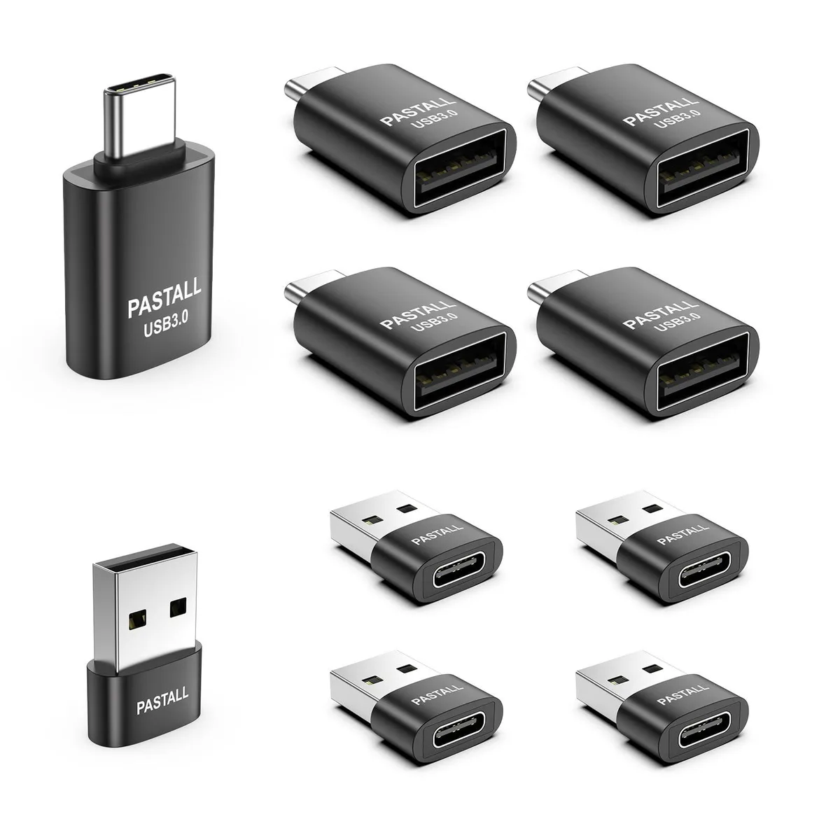Ten small black USB adapters, five with USB-C plugs and five with USB-A plugs