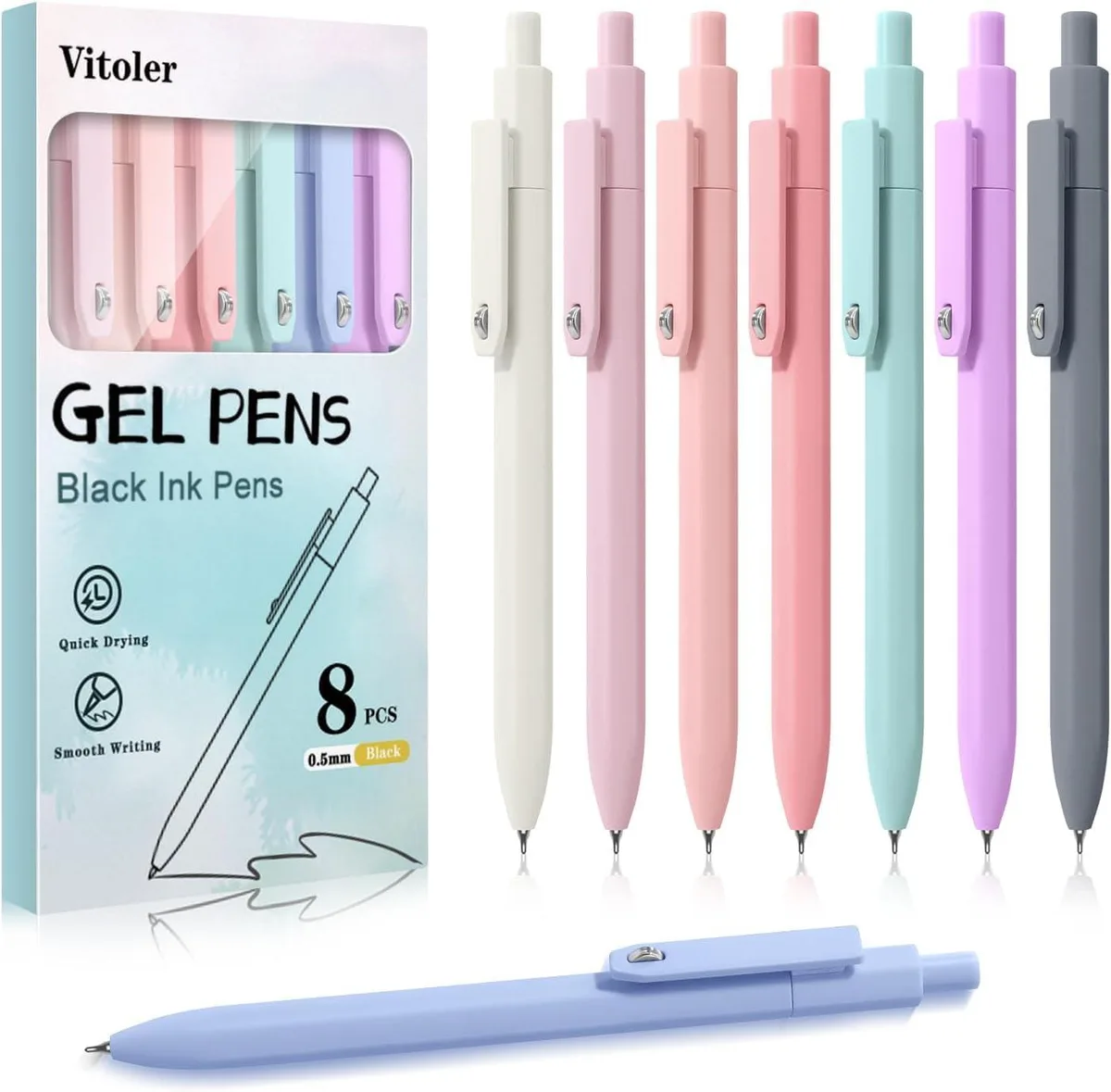 Eight blue retractable gel pens with leather finish and pocket clips