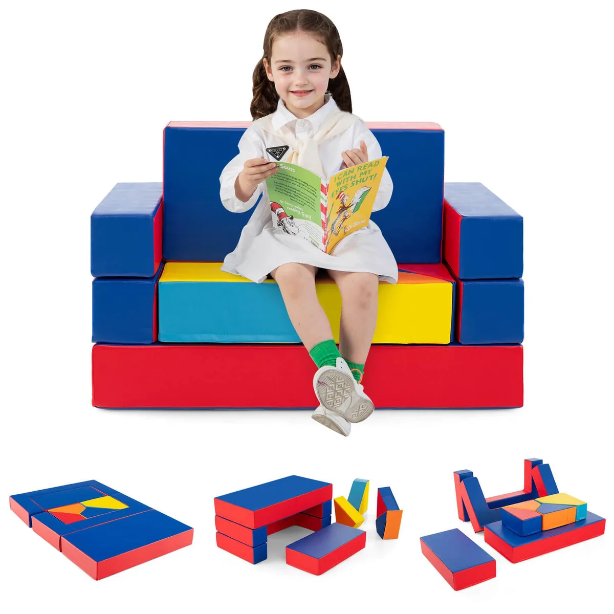 Multi-colour foam block set, six soft shapes in yellow, blue, red, green, orange, purple
