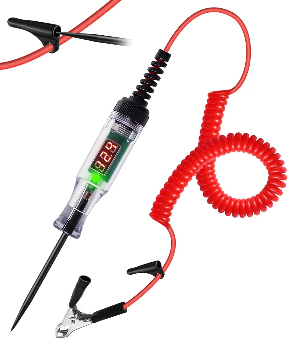 Handheld digital voltage tester with 87 inch spring cable and stainless steel probe