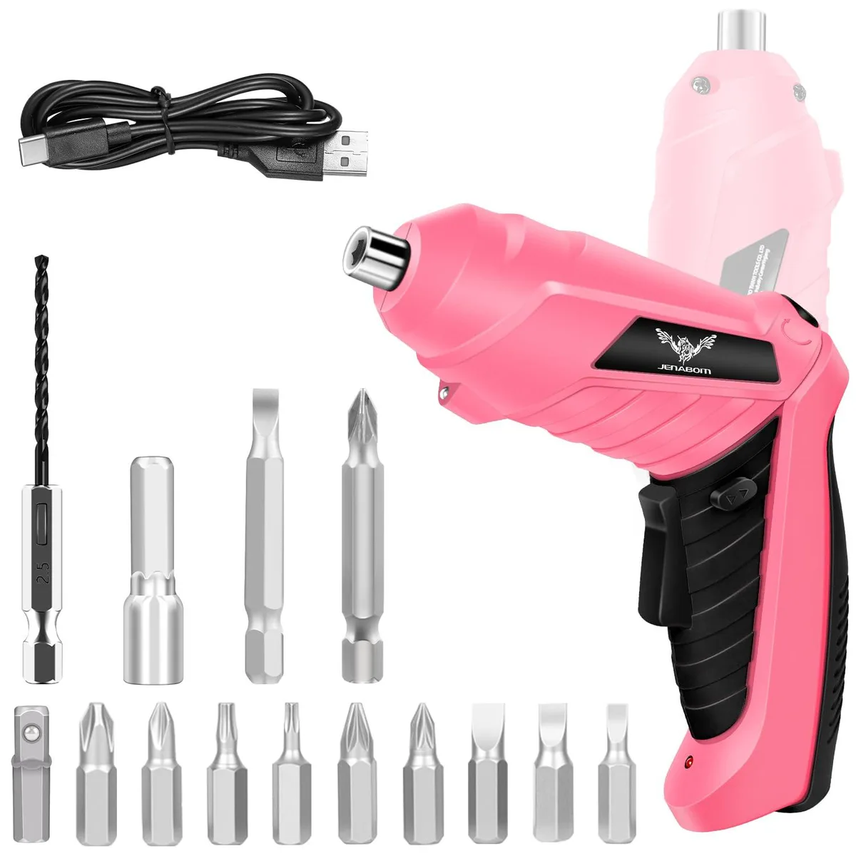 Pink cordless screwdriver with adjustable handle and 14 accessories