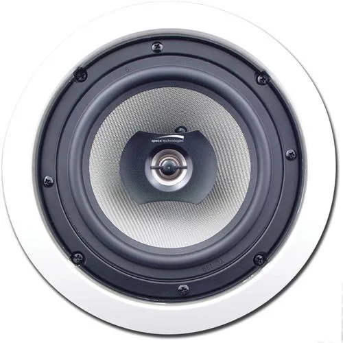 Pair of white round in-ceiling speakers with 6.5 inch drivers and titanium tweeters