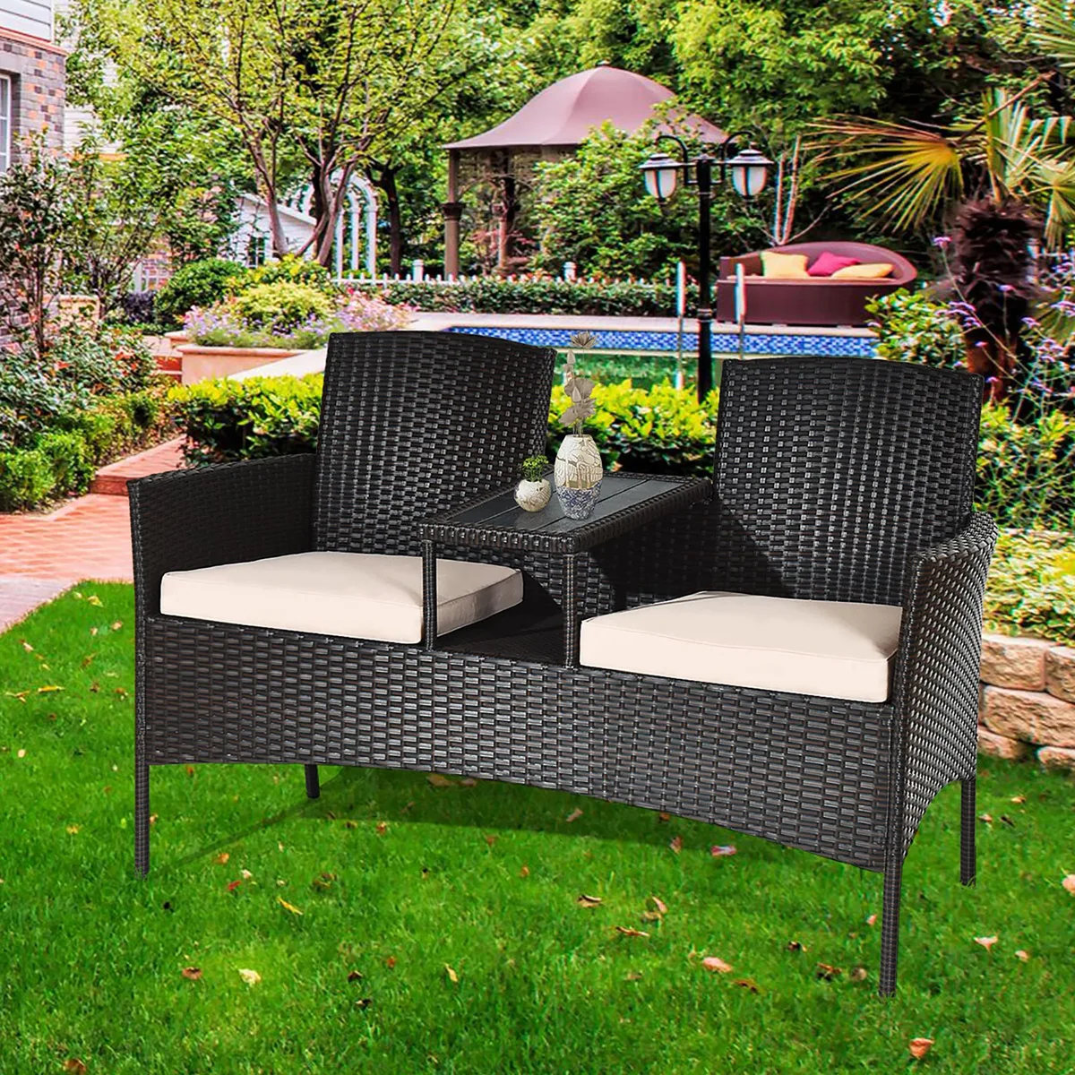 Costway Costway Patented Patio Rattan Loveseat Sofa with Coffee Table Mix Brown — product photo