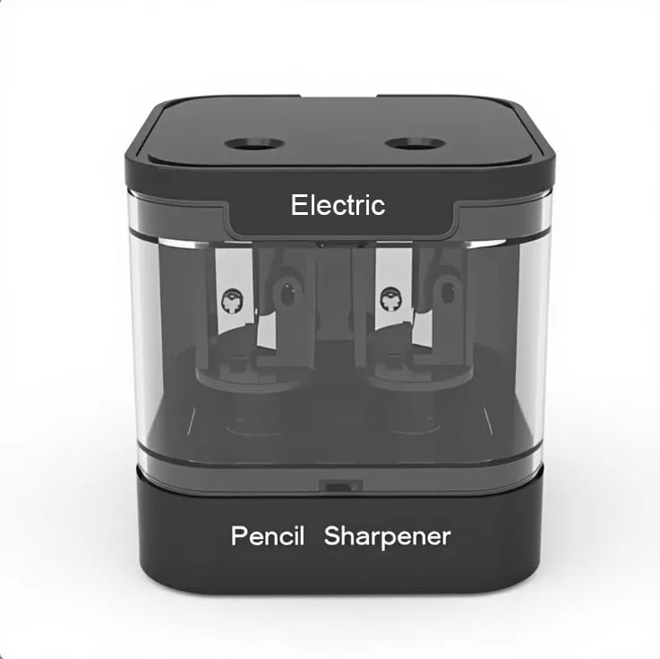 Black plastic cube electric pencil sharpener with dual holes and USB cable