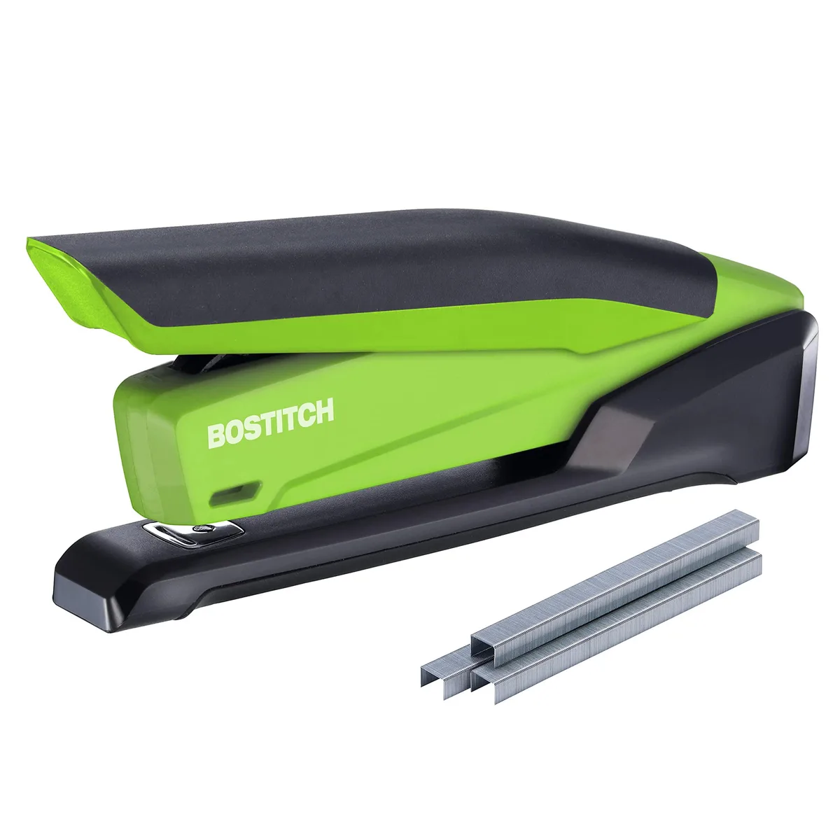 Green Bostitch 1136 desktop stapler with soft comfort grip, built-in remover and staple storage