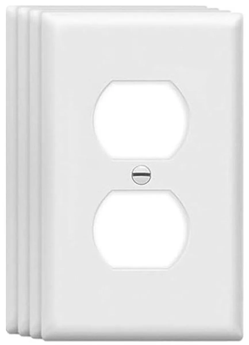 Four white rectangular thermoplastic switch plates with duplex openings, 4.52 by 2.75 inches, screws included