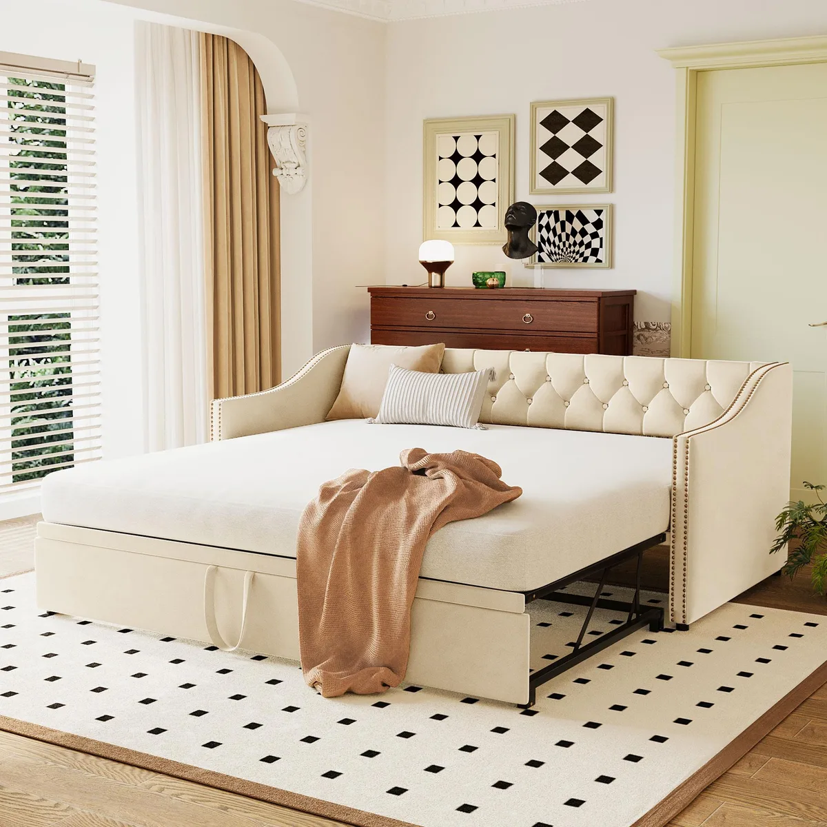 Beige upholstered twin daybed with pop-up trundle, backrest and armrests