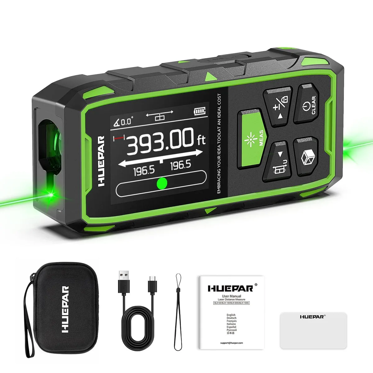 Compact blue laser measure with dual green beams and backlit LCD