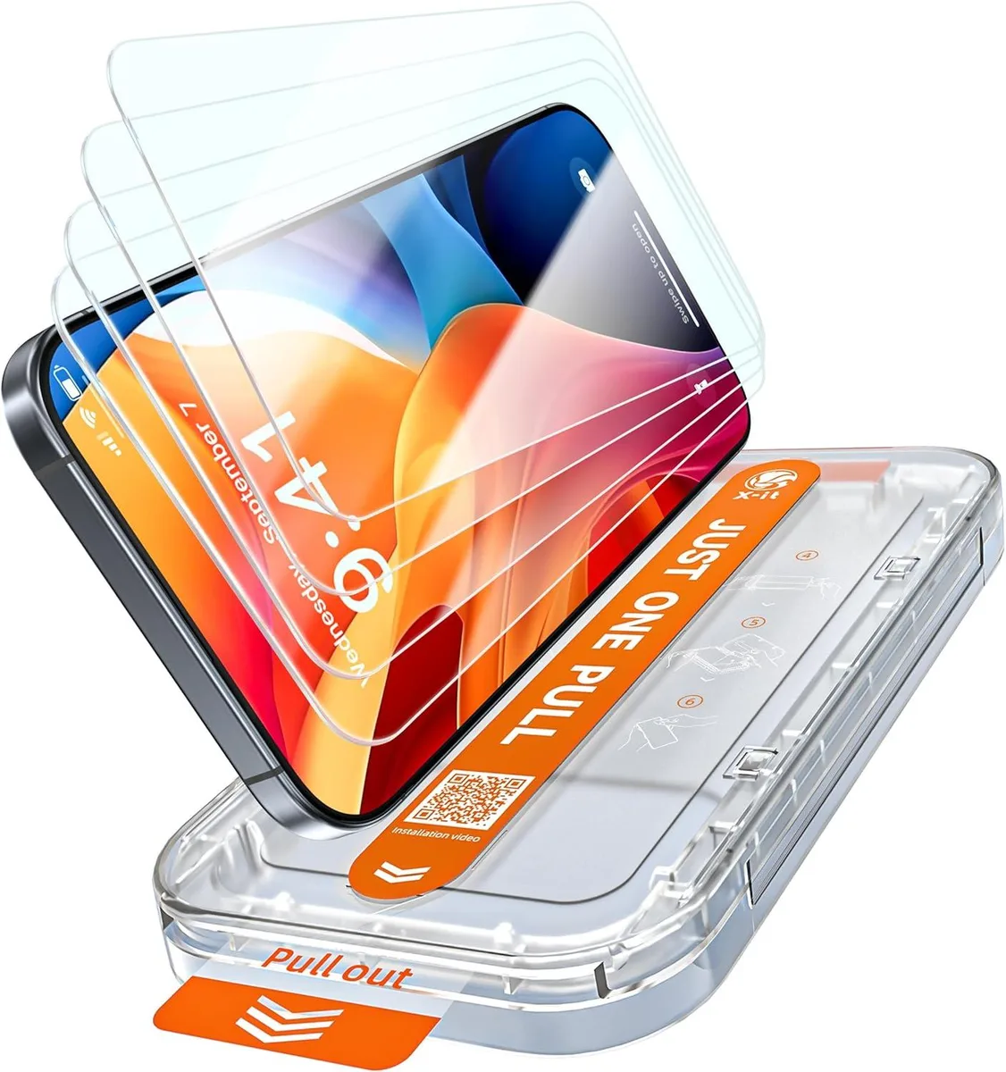 Clear tempered glass screen protectors with alignment frames, four pack