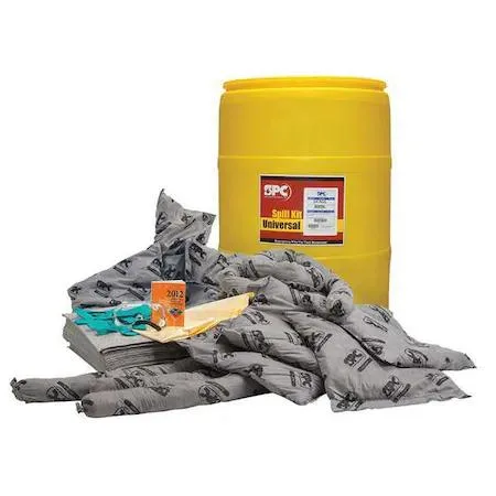 Yellow 55 gal drum spill kit with socks pads pillows goggles gloves handbook