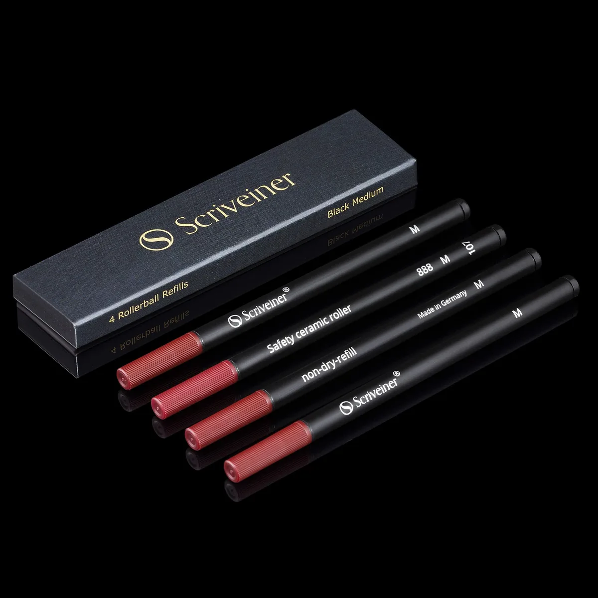 Four black rollerball refills in clear pack, medium ceramic tips, Schmidt 888 size